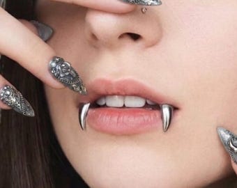 Faux Bijou de Lèvre Crocs de Vampire en Acier Inoxydable, Piercing Gothique sans Perçage, Anneau de Lèvre Grillz Halloween