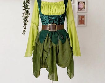 Green Medieval Forest Fairy Costume, Women's Pirate Dress, Renaissance Cosplay Outfit, Halloween Costume