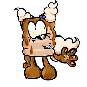 Op de afbeelding: Een cartoon illustratie van een stapel pannenkoeken met slagroom en siroop. Het pannenkoekenpersonage heeft grote ogen, een kleine mond en armen en benen. Het personage is bruin, beige en wit, met een zwarte omtrek.