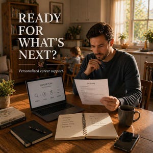 May include: A man reviews a resume and career plan on a laptop at a wooden table. The text "READY FOR WHAT'S NEXT?" and "Personalized career support" are displayed. A notebook, pen, coffee mug, and phone are also on the table.