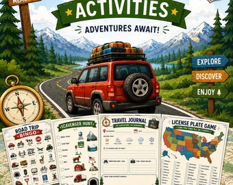 Paquete imprimible de actividades para viajes por carretera para niños / Diario de viaje, juego de matrículas, lista de verificación de vacaciones, juegos para viajes en coche