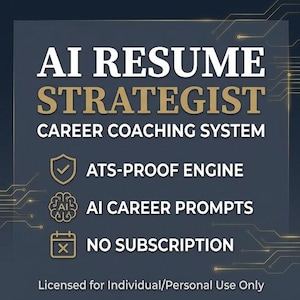 May include: A digital graphic with the text "AI RESUME STRATEGIST" in white and gold. The image also includes the phrases "CAREER COACHING SYSTEM", "ATS-PROOF ENGINE", "AI CAREER PROMPTS", and "NO SUBSCRIPTION". The bottom of the image reads "Licensed for Individual/Personal Use Only".