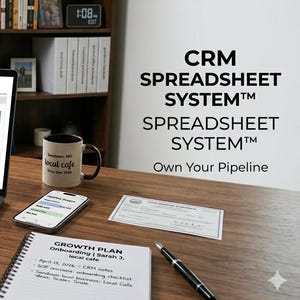 Puede incluir: Una persona utiliza un portátil que muestra un sistema de hojas de cálculo CRM. En el escritorio hay un smartphone, una taza de café, un bloc de notas con el texto "Growth Plan" y un bolígrafo. También se ve el texto "CRM Spreadsheet System".