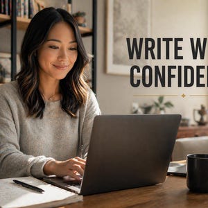 Puede incluir: Una persona est&aacute; sentada en un escritorio de madera, escribiendo en una computadora port&aacute;til. Se muestra el texto "WRITE WITH CONFIDENCE". Tambi&eacute;n hay un cuaderno, un bol&iacute;grafo, una taza de caf&eacute; y libros en el escritorio. Una estanter&iacute;a y una ventana est&aacute;n en el fondo.
