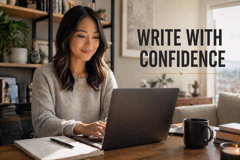Puede incluir: Una persona est&aacute; sentada en un escritorio de madera, escribiendo en una computadora port&aacute;til. Se muestra el texto "WRITE WITH CONFIDENCE". Tambi&eacute;n hay un cuaderno, un bol&iacute;grafo, una taza de caf&eacute; y libros en el escritorio. Una estanter&iacute;a y una ventana est&aacute;n en el fondo.