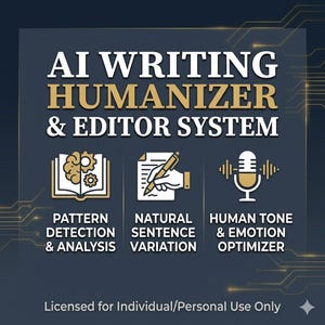 Könnte beinhalten: Grafik mit dem Text "AI WRITING HUMANIZER & EDITOR SYSTEM". Sie zeigt Symbole für Mustererkennung, natürliche Satzvariation und Optimierung des menschlichen Tons. Der Text "Lizenziert für den individuellen/persönlichen Gebrauch" ist unten zu sehen.