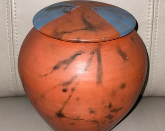 Vintage Susan Atherton Lidded Art Pottery Vessel - Burnished Horsehair Raku 6.5" - Modernist Blue Geometric Lid