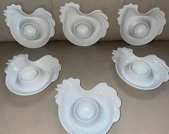 Juego de 6 hueveras de porcelana blanca vintage con forma de gallina – Decoración estilo casa de campo