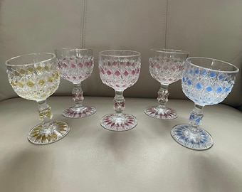 Antique 1890s Rainbow Cordial Set - EAPG King Glass - Set of 5 - Jewel Tones