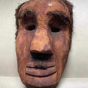 Hand-Carved Mapuche Style Ceremonial Mask Indigenous Solid Wood w Natural Fibers