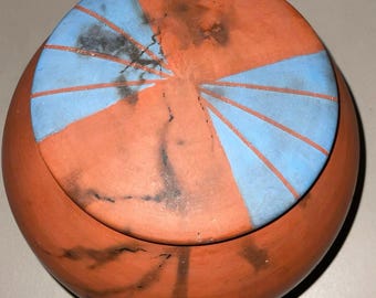 Vintage Susan Atherton Lidded Art Pottery Vessel - Burnished Horsehair Raku 6.5" - Modernist Blue Geometric Lid