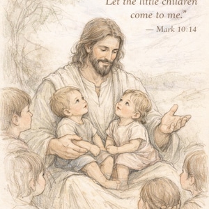 Op de afbeelding: Een potloodschets illustratie toont een man met lang haar en een baard omringd door kinderen. De tekst "Laat de kleine kinderen tot mij komen." staat boven het hoofd van de man, met "Marcus 10:14" eronder.