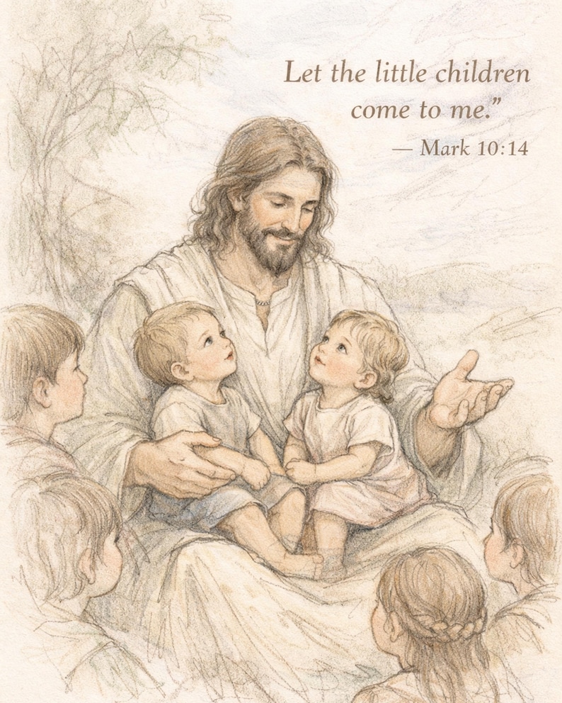 Jesus Teaching the Children Print • Mark 10:14 Scripture Art ...