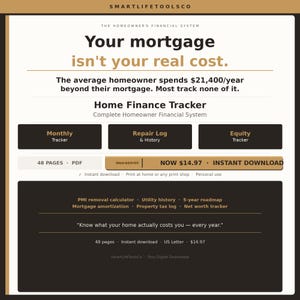 May include: Digital download for a Home Finance Tracker. The image features text that reads "Your mortgage isn't your real cost." and "Know what your home actually costs you - every year."