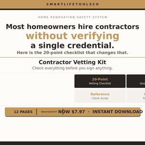 Liste de contrôle de l'entrepreneur imprimable | Outil de comparaison des entrepreneurs | Kit de vérification technique de rénovation PDF