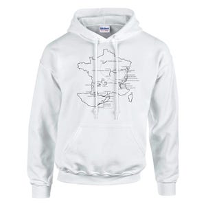 May include: White hooded sweatshirt featuring a black outline map of France with city names and routes. The sweatshirt has a drawstring hood and a front pocket. The Gildan logo is visible on the tag.