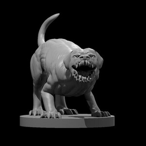 May include: A gray, unpainted miniature figurine of a muscular, aggressive dog-like creature standing on a circular base. The creature has a wide, open mouth with visible sharp teeth, a hunched posture, and a tail curved upward in a tense position.