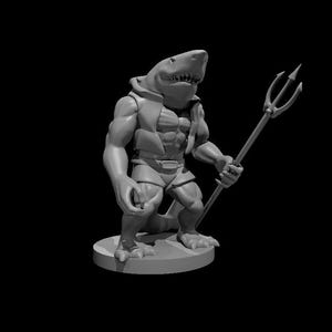 May include: A gray, unpainted miniature figurine of an anthropomorphic shark creature with a muscular build, wearing a vest and shorts. The figure stands on a circular base and holds a three-pronged trident in one hand, with a visible tail behind.