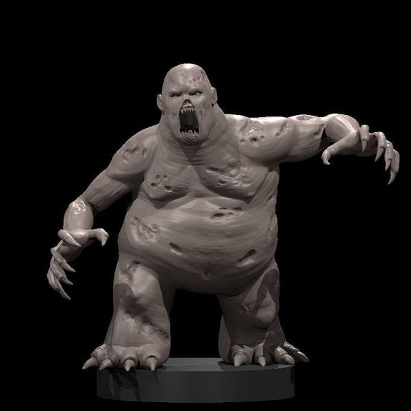 May include: A grey, unpainted miniature figurine of a hulking, monstrous creature with a wide, open mouth, sharp teeth, and clawed hands. The figure has a textured, scarred body and stands on a circular base against a solid black background.