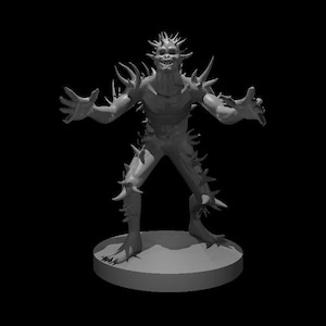 May include: A gray, 3D-printed figurine of a humanoid creature with sharp spikes protruding from its body. The figure has an open-mouthed expression and outstretched arms, standing on a circular base against a black background.