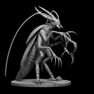 May include: A light gray, three-dimensional insectoid figurine standing on a circular base. The creature features long, segmented antennae, sharp clawed appendages, and a rigid, segmented exoskeleton with prominent wings folded along its back.