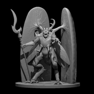 May include: A gray, unpainted miniature figurine of a humanoid insectoid creature with large antlers, multiple limbs, and wings. The figure stands on a circular base, holding a long, curved spear-like weapon, positioned before two large, oval panels.