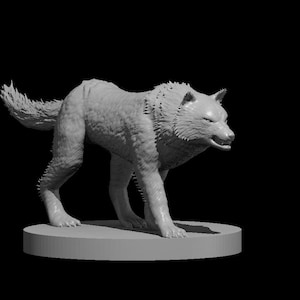 May include: A gray wolf figurine, sculpted in a realistic style, stands on a circular base against a black background. The wolf is depicted in a walking pose, with detailed fur and a focused expression. Ideal for collectors or tabletop gaming.