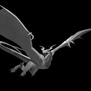 May include: A monochromatic gray 3D model of a dragon in flight against a black background. The creature features large, expansive wings, a long segmented tail, sharp horns on its head, and visible scales covering its body and limbs.