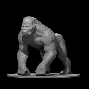 May include: A grayscale sculpture of a gorilla in a walking pose. The gorilla is depicted with detailed fur texture and muscular build, standing on a circular base against a black background. The sculpture is a detailed representation of the animal.