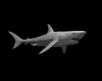 May include: A three-dimensional digital model of a shark in a solid light gray color. The shark is depicted in a swimming position with its mouth slightly open, showing visible teeth, a prominent dorsal fin, and a streamlined body shape.