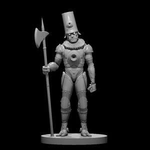 May include: A gray miniature figurine of a humanoid figure wearing a tall cylindrical helmet with a single eye, a ruffled collar, and segmented armor. The figure holds a long polearm with a large axe blade in its right hand and stands on a base.