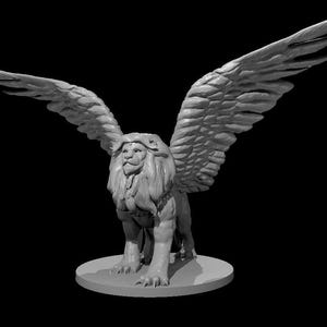 May include: A grayscale sculpture of a winged lion, a mythical creature with a lion's body and large, detailed wings. The sculpture stands on a circular base against a black background. The wings are spread wide, showcasing intricate feather details.