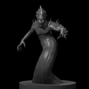 May include: A dark gray, monochromatic figurine of a humanoid creature with a flame-like head and textured, flowing body. The figure features sharp, clawed hands, a wide, open mouth, and glowing white eyes, standing on a circular base.