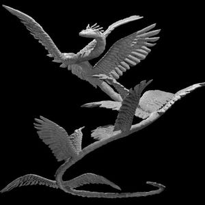 May include: A grey sculpture featuring three winged serpentine creatures in flight. The figures have elongated bodies, feathered wings, and detailed heads with crests, arranged in a dynamic composition against a solid black background.