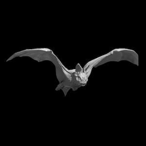 May include: A grayscale sculpture of a bat in flight, wings fully extended. The bat's detailed features, including its face and wing structure, are visible against a black background. The bat appears to be in mid-flight.