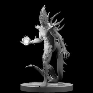 May include: A grayscale 3D-printed figurine of a humanoid creature with a spiky head and body. The figure is holding a glowing orb in one hand and has sharp protrusions along its back and limbs. It stands on a circular base against a black background.