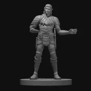 May include: A gray figurine of a male elf in armor, standing on a round base. The elf has pointed ears, a stern expression, and is posed with one arm outstretched and the other behind his back. The armor includes shoulder pads, a chest plate, and leg guards.