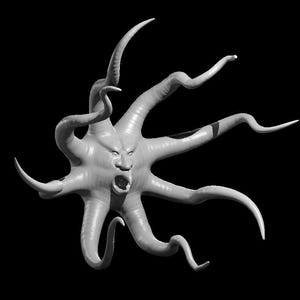 May include: A light gray, multi-tentacled sculpture featuring a central human-like face with a wide, open mouth. The creature has eight long, curved, and tapering arms extending outward from the core, all set against a solid black background.
