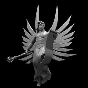 May include: A grayscale 3D rendering of a muscular figure with large wings, holding a scroll and a mace. The figure is wearing a draped garment and has glowing eyes, set against a black background. The wings are spread wide.