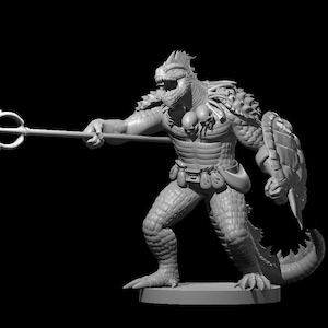 May include: A gray, 3D-printed fantasy figure of a reptilian humanoid warrior. The figure holds a trident and a shield, with detailed armor and a textured, scaly appearance. The figure is posed on a small, round base against a black background.