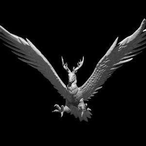 May include: A light gray figurine of a mythical creature with the body of a bird, large outstretched wings, and the head of a deer featuring prominent antlers. The creature is depicted in a dynamic flying pose with sharp talons extended forward.