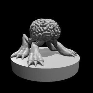 May include: A gray, 3D-printed sculpture of a brain with clawed feet and arms, posed on a circular platform. The brain has detailed ridges, and the creature is set against a black background.