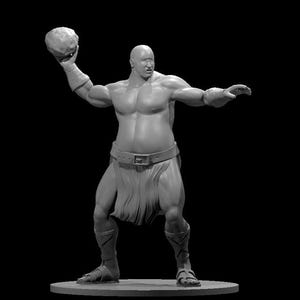 May include: A gray, 3D-printed figurine of a cyclops, a mythical one-eyed giant, holding a rock. The figure is muscular, wearing a belt, and a loincloth. The cyclops is standing on a circular base against a black background.
