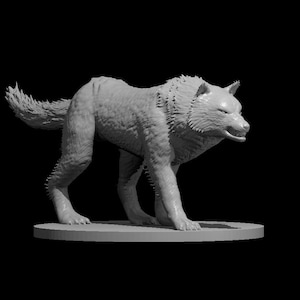 May include: A gray wolf figurine, sculpted in a realistic style, stands on a circular base against a black background. The wolf is depicted in a walking pose, with detailed fur texture and a focused expression. The figurine is likely made of a durable material.