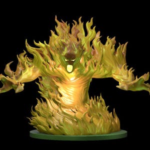 May include: A yellow and orange flame-shaped figurine with a humanoid torso and outstretched arms. The figure features a hollow, glowing mouth and eyes, set upon a circular green base against a solid black background.