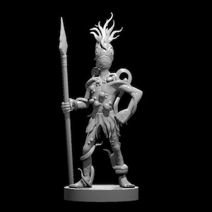 May include: A monochromatic gray 3D printed miniature figurine of a humanoid creature with a textured, bumpy surface. The figure has spiky hair, a spear held in one hand, and vine-like appendages wrapping around its body, standing on a circular base.