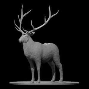 May include: A grey sculpture of a stag with large antlers. The deer is standing on a circular base against a black background. The sculpture has detailed fur texture and is in a three-quarter view.