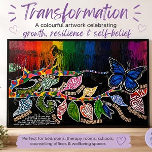 May include: A framed horizontal artwork featuring a black background with a rainbow-colored drip effect at the top. The design includes green caterpillars, a blue butterfly, and leaves containing words like growth, resilience, and self-belief.