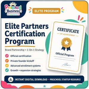 Op de afbeelding: Een digitale afbeelding voor het Preschool Business Elite Programma met een certificaat van prestatie, een gouden zegel en een blauw lint. De tekst bevat Elite Partners Certification Program, Brand Partnership en 1-On-1 Strategy.
