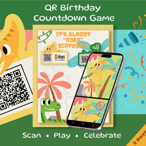 QR jeu de compte à rebours d'anniversaire pour enfants | Activité imprimable du compte à rebours d'anniversaire | Jeu Anniversaire Dinosaure | Jeu d'anniversaire interactif pour enfants